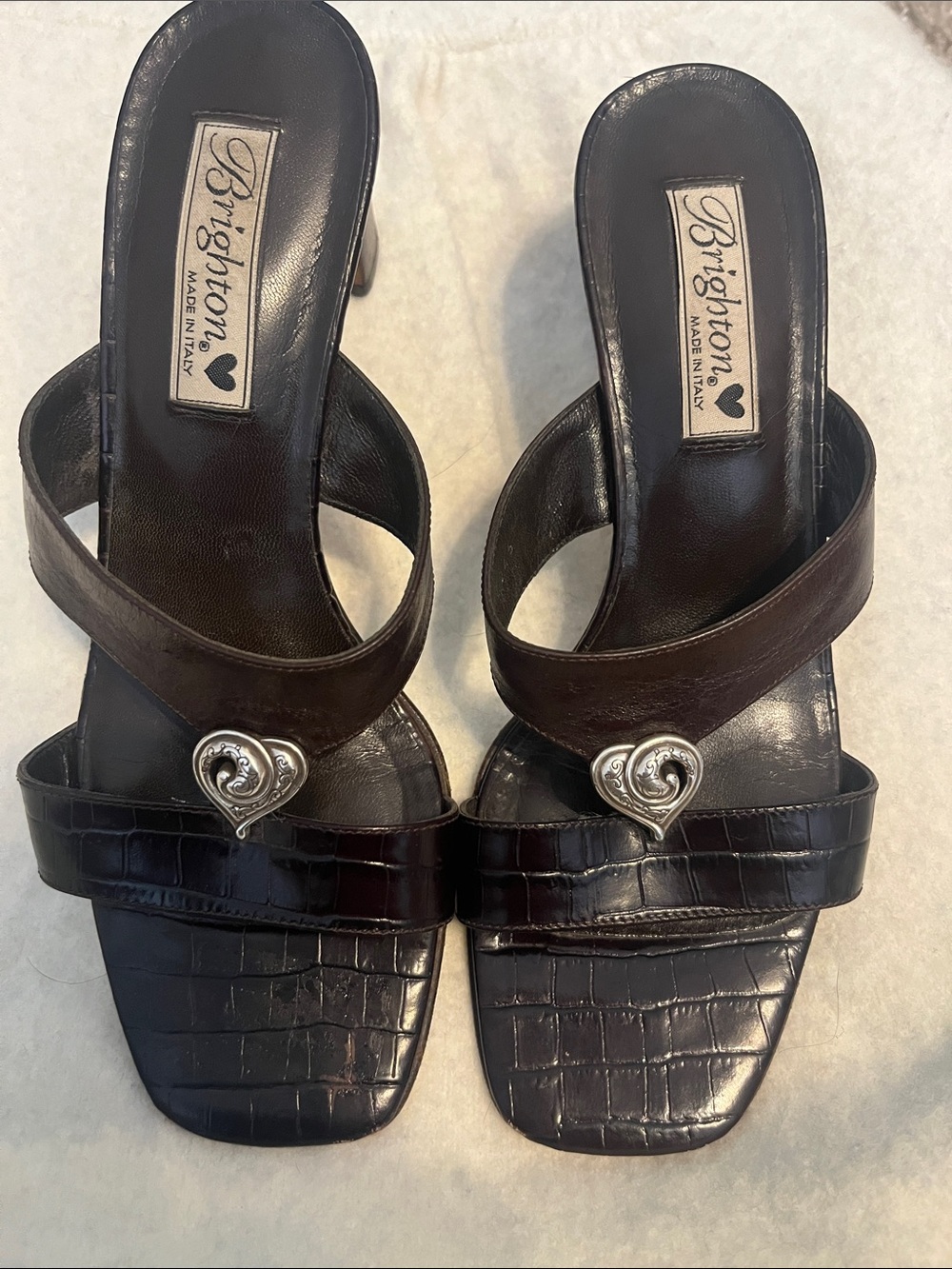 Brighton Dark Brown Croc-Embossed Slide Heels with Silver Heart